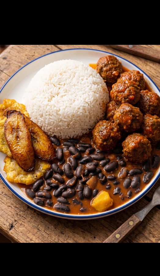 Albóndigas con arroz, habichuelas y plátanos
